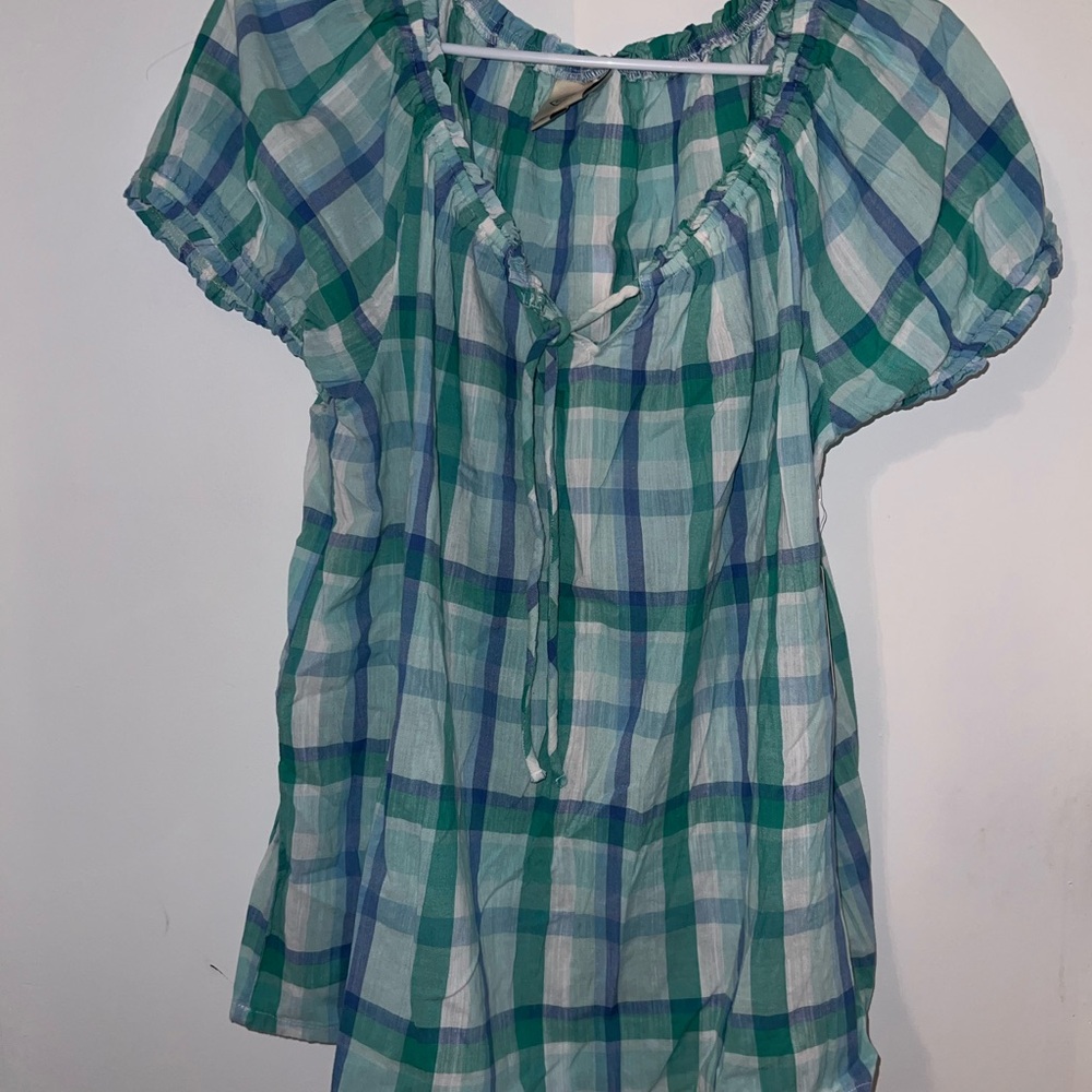 st. john’s bay blue and green cool plaid short sleeve blouse NWT - Picture 3 of 5